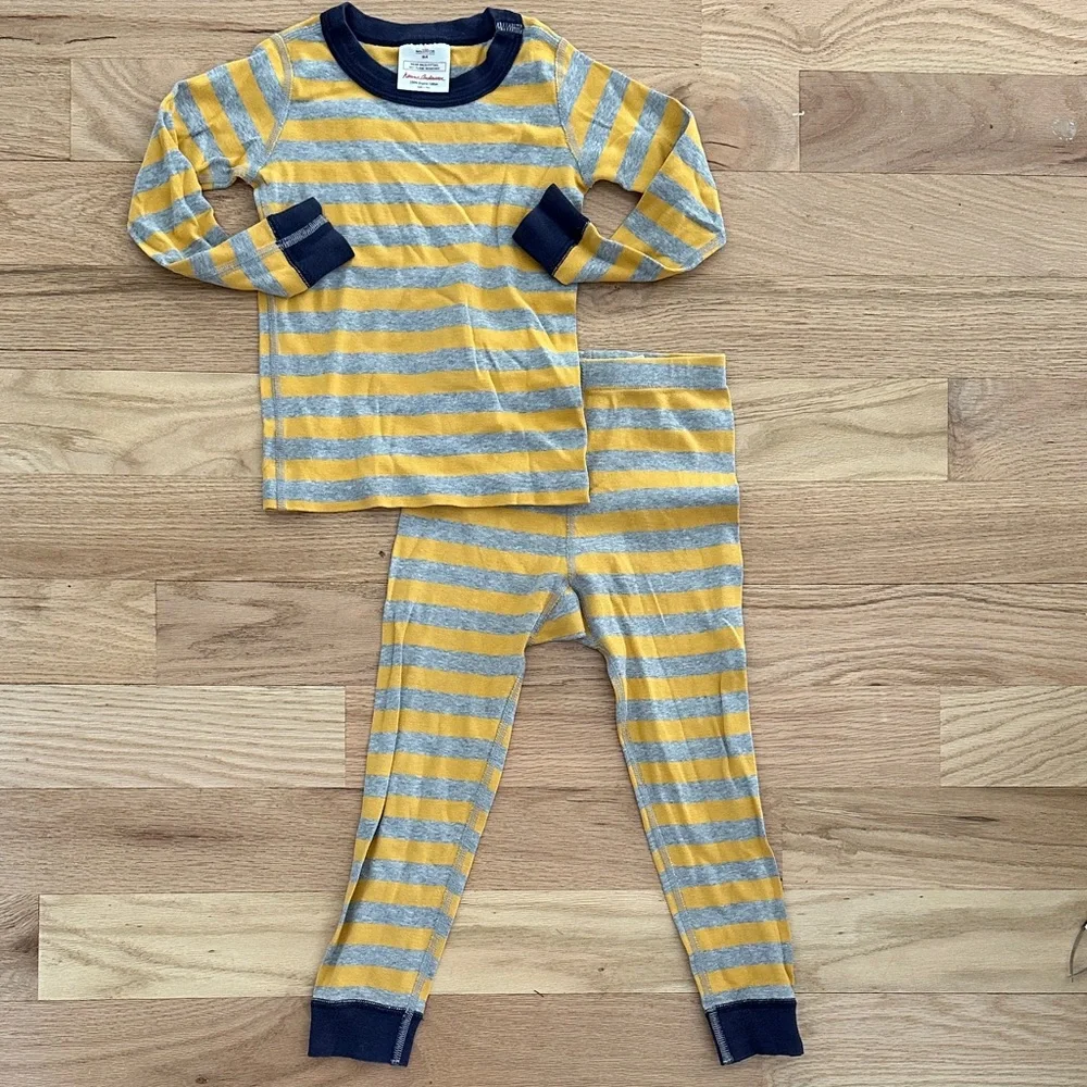 Hanna Andersson yellow/gray stripe with navy organic longjohn pajamas kids sz 4
